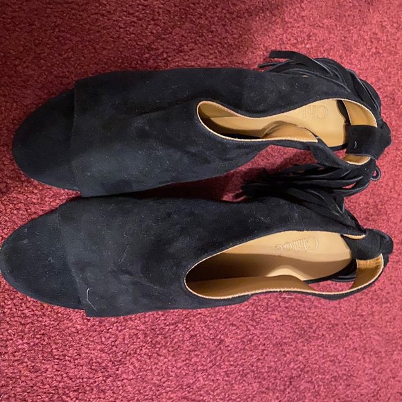 Chloé Wedged Suede Fringed Open Toe Sandals (Never Worn) - Picture 2 of 4